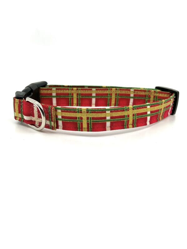 A red plaid dog collar with a black buckle.