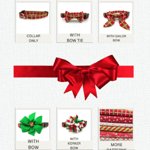 Christmas dog collars with bows and ribbons.