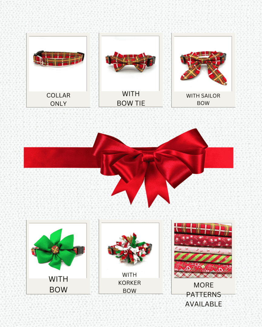 Christmas dog collars with bows and ribbons.