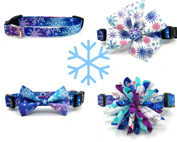 Four different dog collars with snowflakes on them.