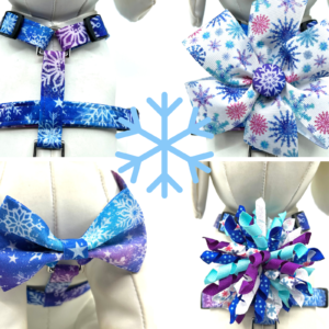 Snowflake dog harnesses and bows.