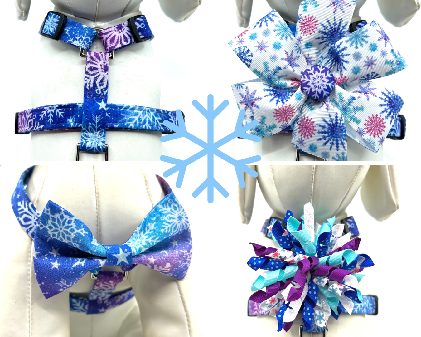 Snowflake dog harnesses and bows.