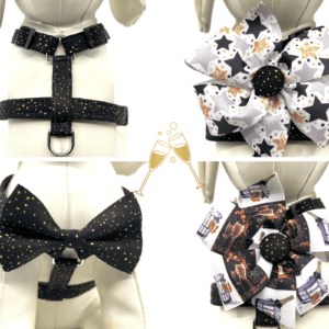 A black and gold bow tie for a dog.