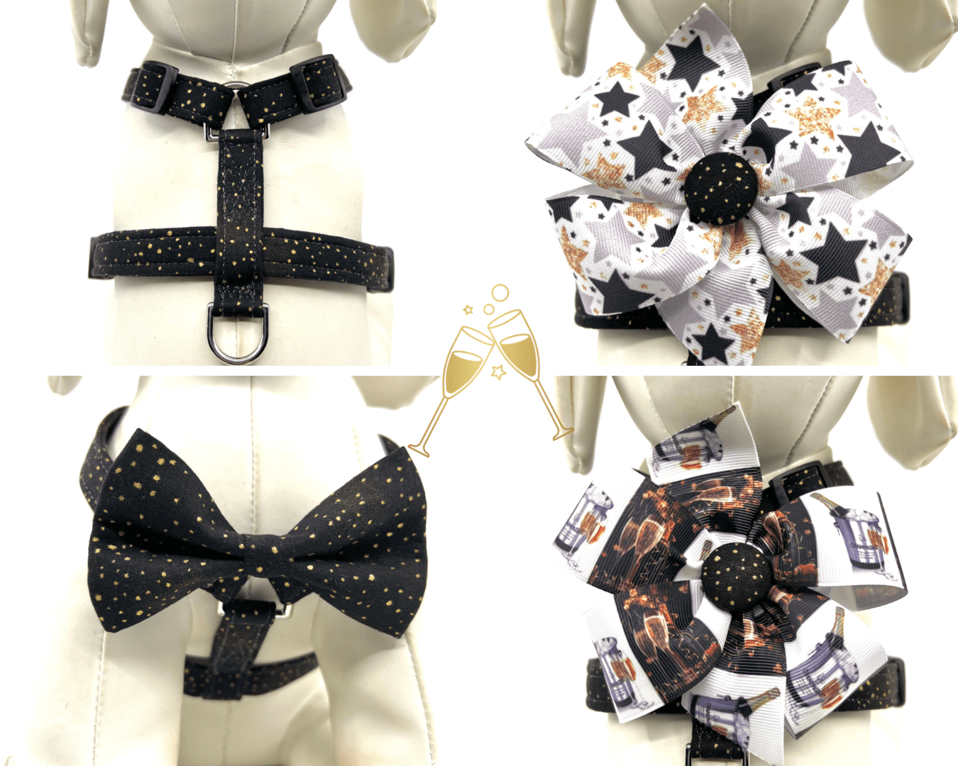 A black and gold bow tie for a dog.