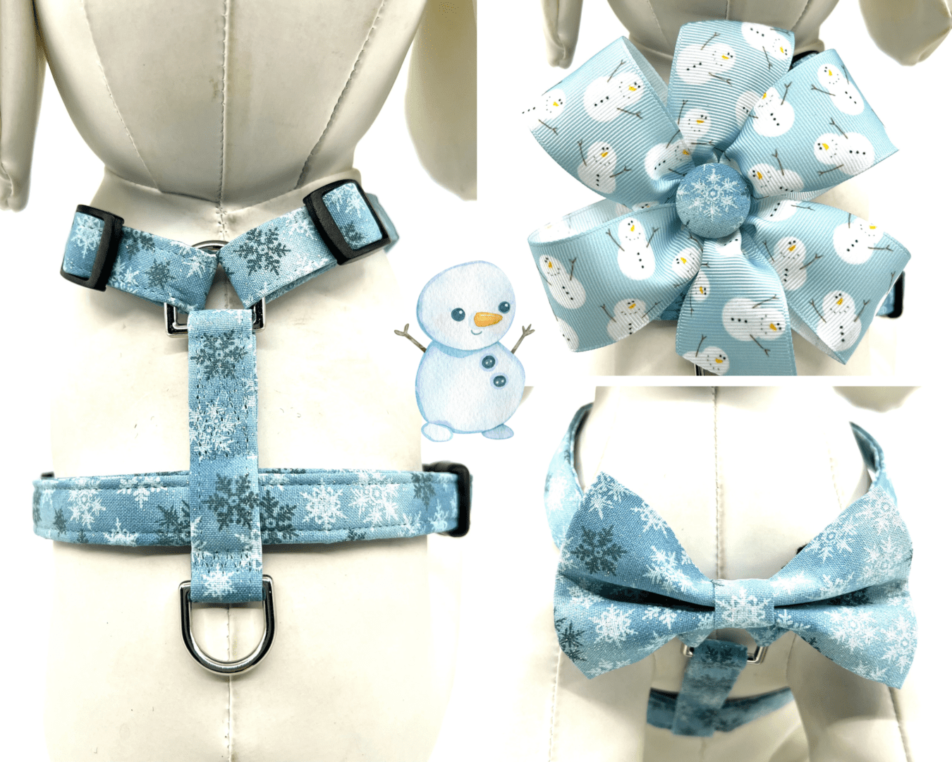 A blue dog harness with a snowflake on it.