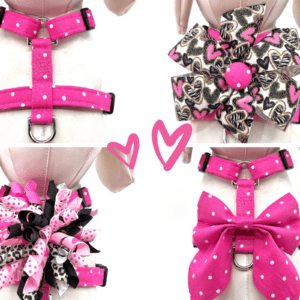 A dog harness with pink bows and polka dots.