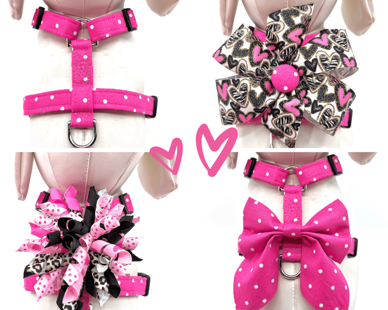 A dog harness with pink bows and polka dots.