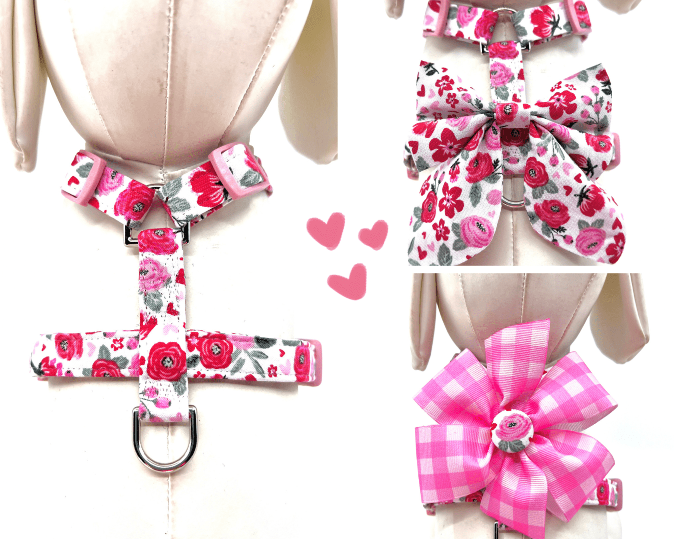 A dog harness with pink flowers and bows.