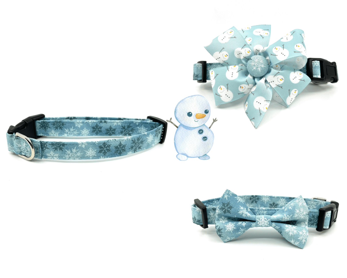 A blue dog collar with a snowman and bow tie.