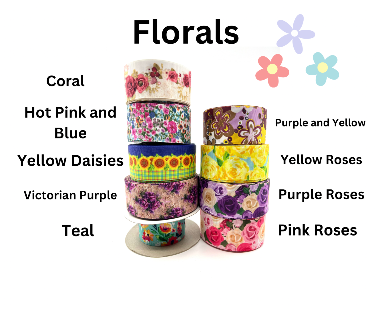 A variety of ribbons with the word florals written on them.