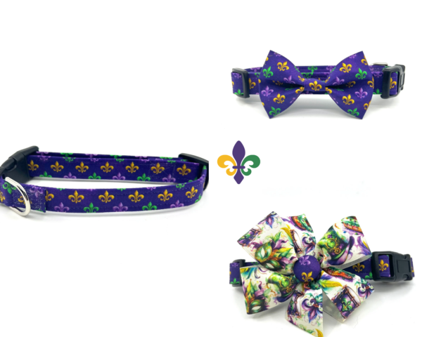 Mardi Gras Purple Gold Green Fleur de lis Dog Collar- Add on Removable Bow- Bow Tie or Korker Bow