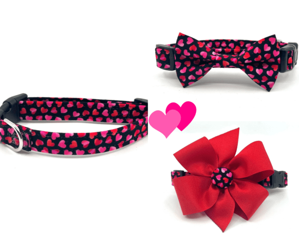 Valentine Black Pink Red Hearts Dog Collar- Add on Removable Bow- Bow Tie