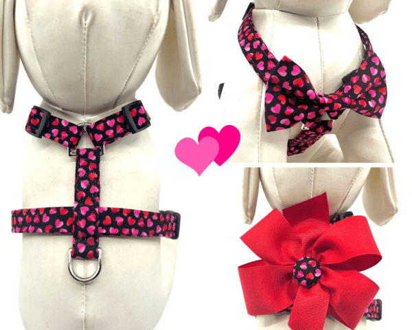 Valentine Black Pink Red Hearts Dog Harness- Add on Removable Bow- Bow Tie