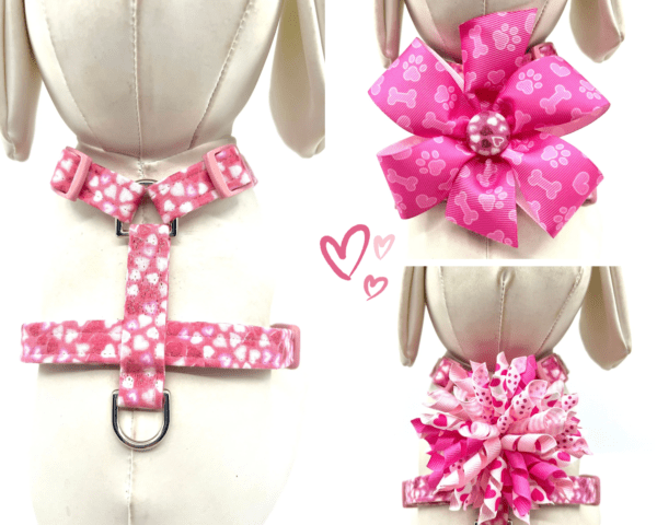 Valentine Pink Hologram Hearts Dog Harness- Add on Removable Bow or Korker Bow