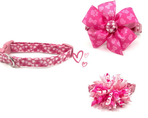 Valentine Pink Hologram Hearts Collar- Add on Removable Bow or Korker Bow