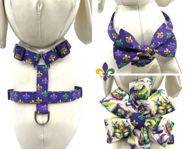 Mardi Gras Purple Gold Green Fleur de lis Dog Harness- Add on Removable Bow- Bow Tie- Korker Bow