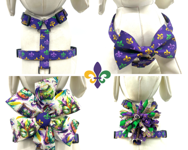 Mardi Gras Purple Gold Green Fleur de lis Dog Harness- Add on Removable Bow- Bow Tie- Korker Bow