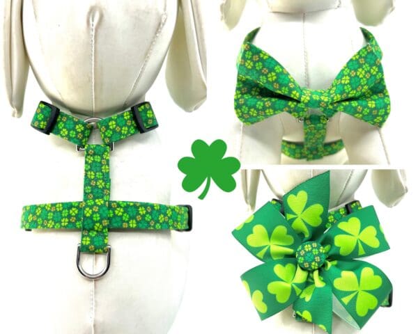 St. Patrick Clover Green Dog Harness- Add on Removable Bow- Bow Tie