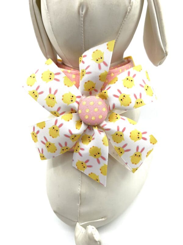 Easter Polka Dot Pink Yellow Dog Harness- Add on a Removable Chick with Bunny Ears Bow - Image 6