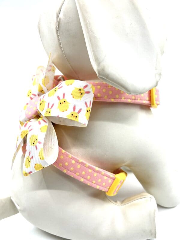 Easter Polka Dot Pink Yellow Dog Harness- Add on a Removable Chick with Bunny Ears Bow - Image 5