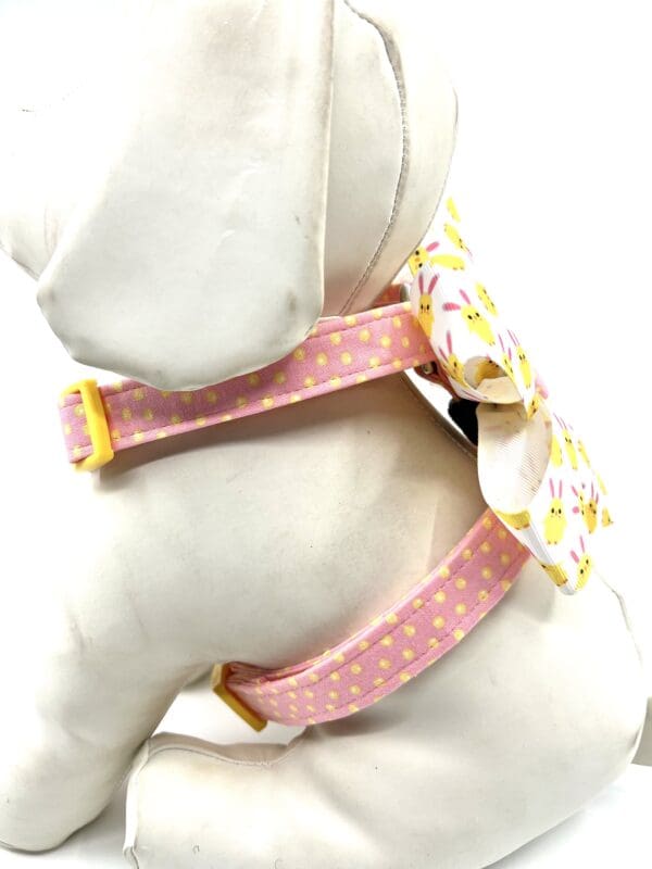 Easter Polka Dot Pink Yellow Dog Harness- Add on a Removable Chick with Bunny Ears Bow - Image 4