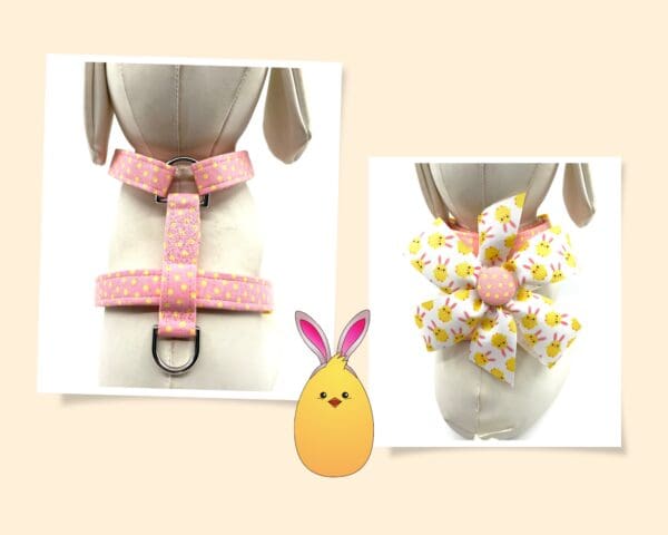 Easter Polka Dot Pink Yellow Dog Harness- Add on a Removable Chick with Bunny Ears Bow