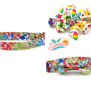 Summer Spring Multi Color Dog Collar- Add on Removable Beach Sand Castle Umbrella Bow or Multi Color Bow Tie