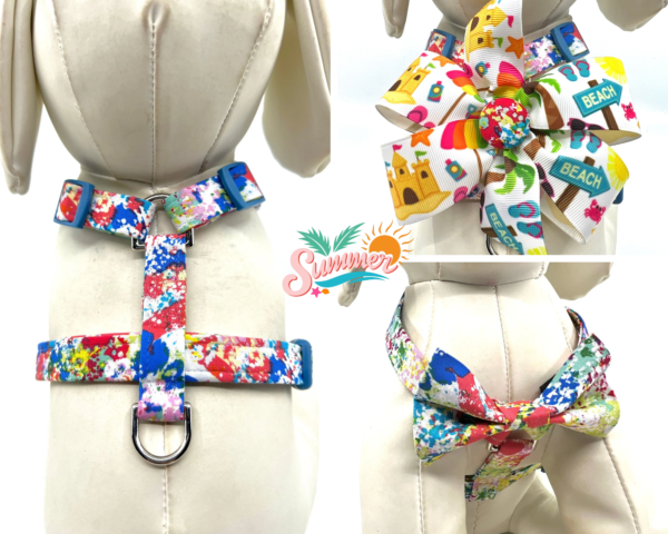 Summer Spring Multi Color Dog Harness- Add on Removable Beach Sand Castle Umbrella Bow or Multi Color Bow Tie
