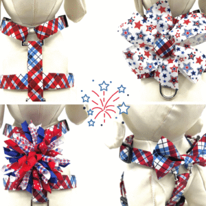 Patriotic Red White Blue Plaid 4th of July Dog Harness- Add on Removable Bow- Bow Tie- Korker Bow