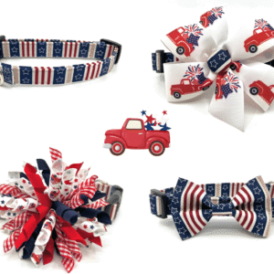 Patriotic Navy Stars and Stripes 4th of July Dog Collar- Add on Red Truck Removable Bow- Bow Tie or Korker Bow