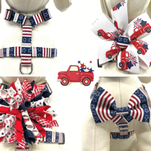 Patriotic Navy Stars and Stripes 4th of July Dog Harness- Add on Red Truck Removable Bow- Bow Tie- Korker Bow