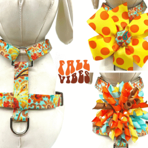 Fall Halloween Thanksgiving Teal Yellow Orange Brown Paisley Polka Dot Dog Harness- Add on Removable Bow or Korker Bow