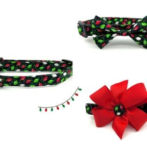 Christmas Red Lime Green Christmas Lights Red Bow Dog Collar- Add on Removable Bow or Bow Tie