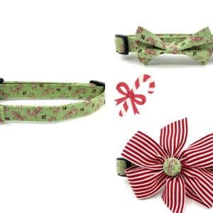 Christmas Red Green Candy Cane Vintage Striped Bow Dog Collar- Add on Removable Bow or Bow Tie