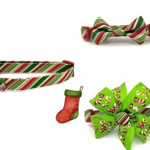 Christmas Red Green Lime Striped Stocking Bow Dog Collar- Add on Removable Bow or Bow Tie