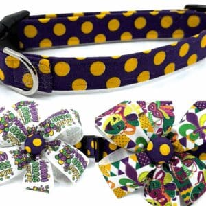 Mardi Gras Purple with Gold Dots Dog Collar, Choice of Bow, adjustable collar, add on a Removable Bow