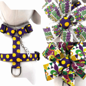 Mardi Gras purple with gold dots dog harness, choice of bow, adjustable harness, add on a removable bow