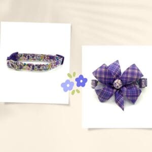 Spring Summer Small Purple Pink Turquoise Chartreuse Floral Dog Collar- Add on a Removable Purple Plaid Bow