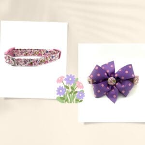 Spring Summer Small Pink Purple Floral Dog Collar- Add on a Removable Purple Pink Polka Dot Bow