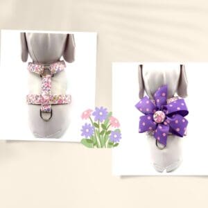 Spring Summer Small Pink Purple Floral Dog Harness- Add on a Removable Purple Pink Polka Dot Bow