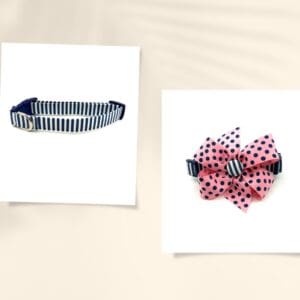 Spring Summer Navy White Striped Dog Collar- Add on a Removable Pink with Navy Polka Dots Bow